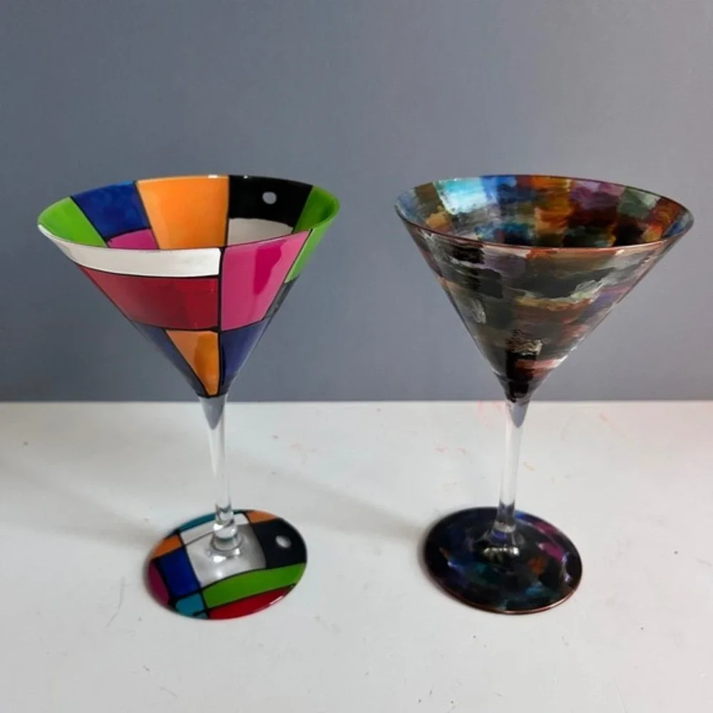 Martini Glasses Hand Painted Colorful Art Glass MCM Cocktail Barware Set Patio‎